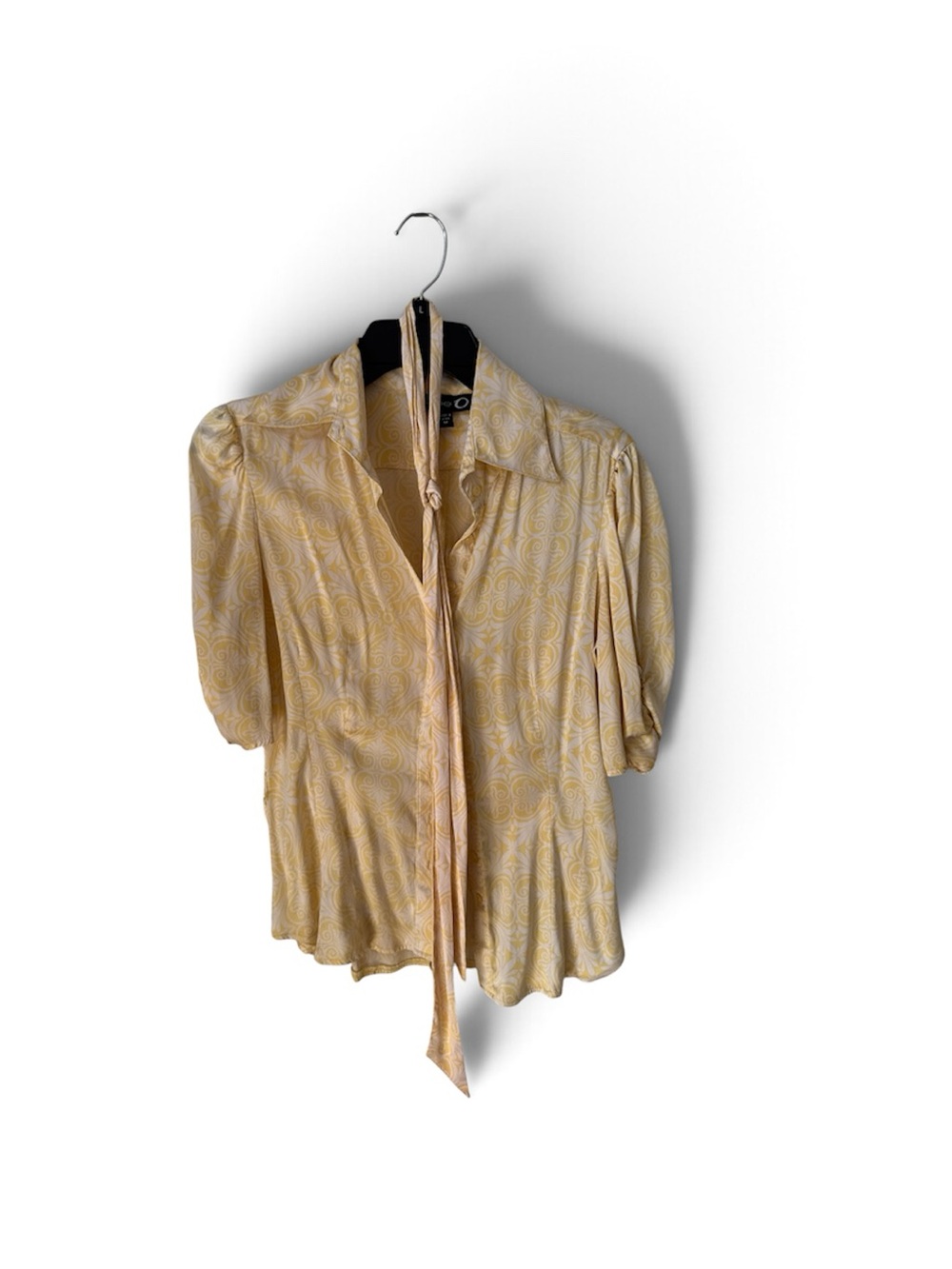 bebe Pale Yellow Tie-Neck Puff Sleeve Blouse